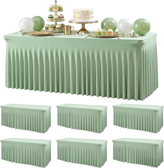 Wish Care 6 Pack Sage Green Spandex Table Clothes for 8 Foot Rectangle Tables, 8FT Wrinkle Free Fitted Tablecloths Ruffles Design Table Cloth for Party, Banquet, Wedding and Events