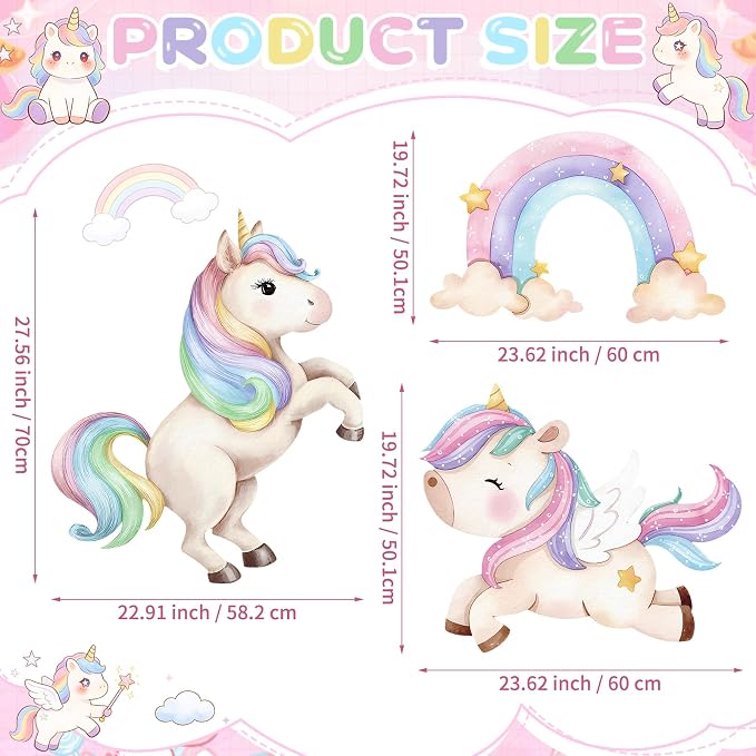 3Pcs Unicorn Birthday Decorations, Large Rainbow Unicorn Cardboard Cutout Standup, Girls Baby Shower Party Signs for Photo Booth Props Backdrops Indoor Outdoor Cartoon Party Supplies