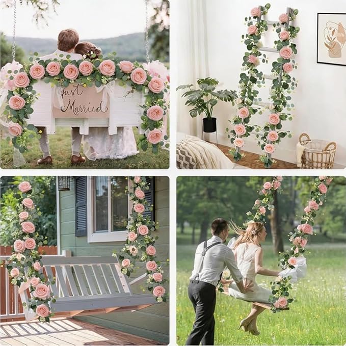 2pcs Artificial Flowers Garland 6FT Silk Peony Vine with Eucalyptus Leaves Faux Floral Garlands for Wedding Arch Door Wall Hanging Party Home Decoration (Pink)