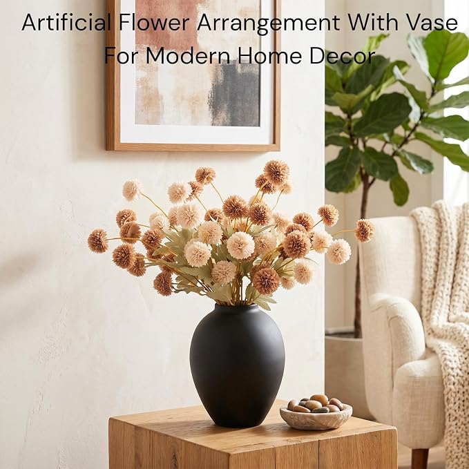 Artificial Flowers with Vase for Home Decor - Faux Mum Flower Arrangement Centerpiece, 12 Stems Beige and Brown Silk Flowers in Black Iron Vase for Dining Table Living Room Office Bedroom