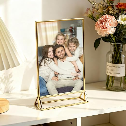 UNIQOOO Acrylic Sign Holders with Golden Border, Portrait View, Pack of 6 | 5x7 Double Sided Clear Frame