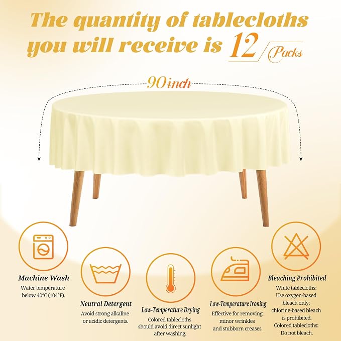 Teruntrue 12 Packs Beige Round Tablecloths 90 inch Round Table Cloth, Washable Polyester Fabric for Wedding Parties Banquet Holiday Dinner Table Decorative, Beige