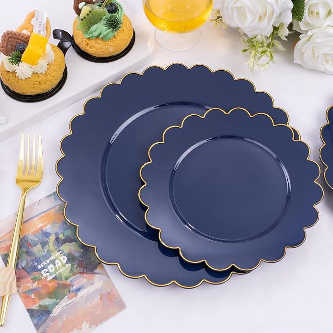 LIYH 60 Pcs Navy Blue Plastic Scalloped Plates with Gold Rim, Blue and Gold Disposable Patriotic Plates for Party Included 30 Dinner Plate 10.25 30 Dessert Plate 7.5 Inch for Party