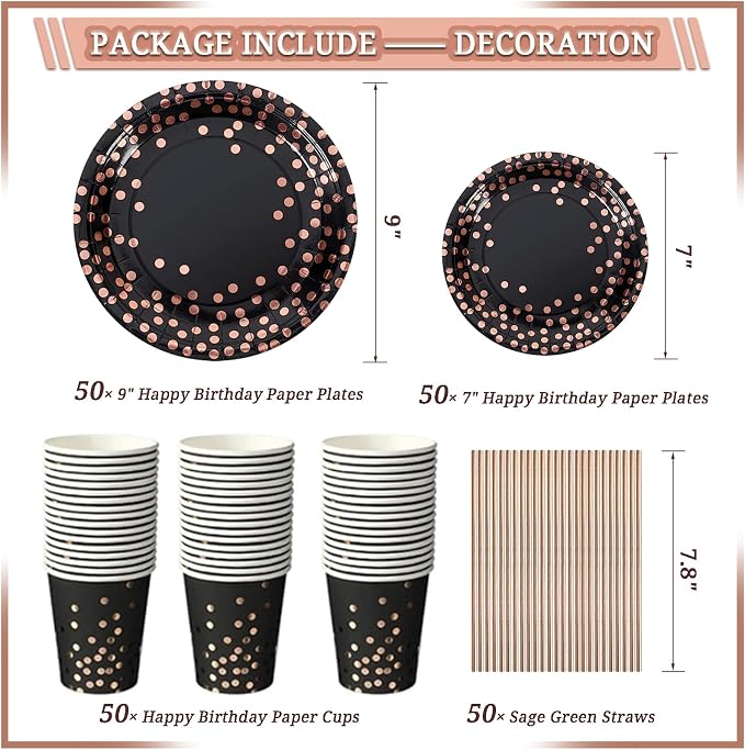 291 Pcs Rose Gold and Black Birthday Decorations, Happy Birthday Decorations for Women Supplies - Banner, Balloon, Tiara, Sash, Photo Props, Tableware with Rose Gold for 50 Guests