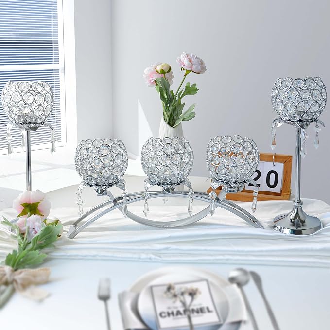 Set of 3 Silver Crystal Tea Light Candlestick Holders Flower Shape with Crystal Pendant Bowl Votive Metal Candle Holder for Table Centerpieces Wedding Home Decor