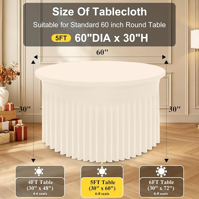 Smiry Round Spandex Tablecloth 2 Pack, Elastic Fitted Washable Tablecloths for 60 Round Tables, Waterpoof Stretch Table Cover Skirt for Outdoor, Wedding, Banquet & Parties, Beige