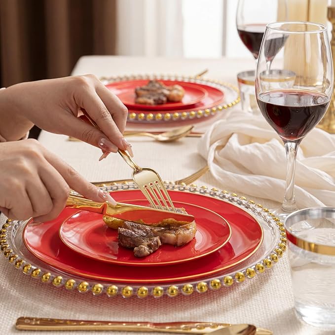 WDF 150Pcs Red Plastic Plates - Red Plates Disposable - 25Guest Christmas Dinnerware Include 25 Dinner Plate, 25 Dessert Plate, 75 Cutlery & 25 9oz Cups for Baby Shower Wedding Spring Mother's Day