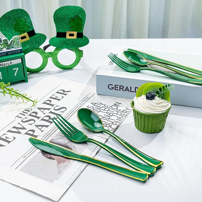 WDF 180PCS Green Plastic Silverware - Green Utensils 60 Forks, 60 Knives and 60 Spoons - Heavy Duty Silverware for Party Supplies/St. Patrick's Day
