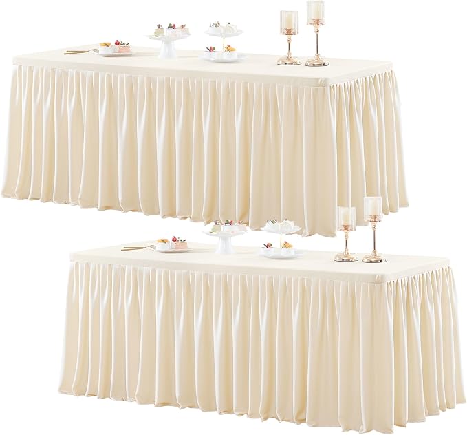 2 Packs Light Champagne Tableclothes for 6 Foot Rectangle Tables, Wrinkle Free Fitted Table Cloth 6ft Stretch Table Cover with Skirt for Parties Weddings Birthday Banquet Baby Shower