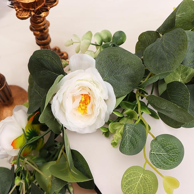 4-Pack Artificial Eucalyptus Garland with Flowers, Total 23.6FT 24 White Roses Baby's Breath Garland Floral Greenery for Wedding Party Centerpiece Table Runner Backdrop Wall Decor