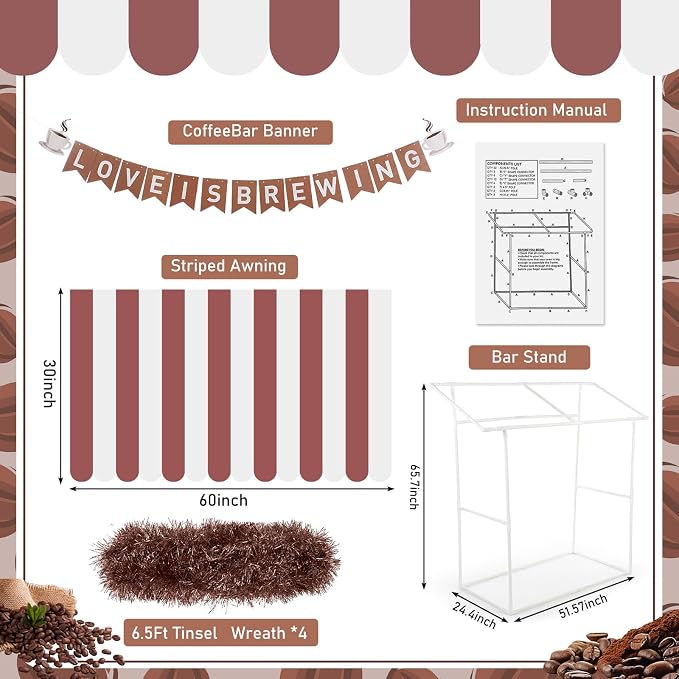 7 Pcs Love Is Brewing Bridal Shower Party Decorations Coffee Wedding Bachelorette Party Supplies with 1 Set Plastic Stand 1 Brown and White Striped Awning 4 Brown Tinsel 1 Love Is Brewing Banner