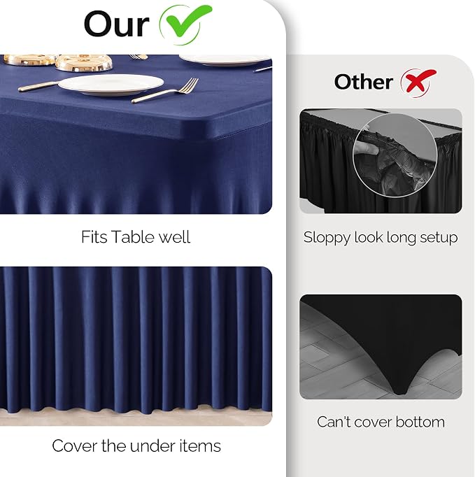 Wish Care 2 Pack Navy Blue Spandex Table Clothes for 4 Foot Rectangle Tables, 4FT Wrinkle Free Fitted Tablecloths Ruffles Design Table Cover for Party, Banquet, Wedding and Events