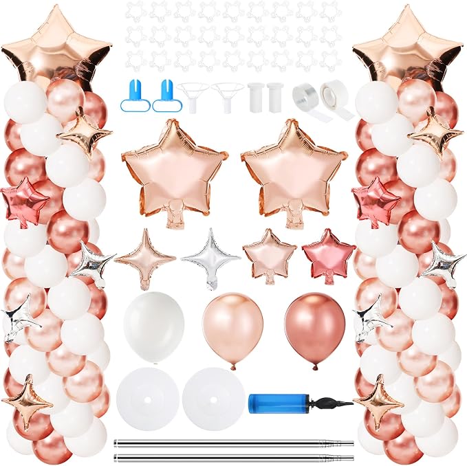 Gejoy 110 Pcs Champagne Rose Gold Balloons Column Stand Kit Adjustable Tower Stand from 1.4 to 6.6 ft with Bases for Back to School Wedding Birthday Baby Shower Party