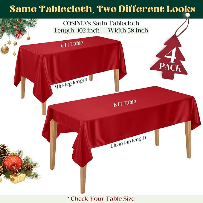 4 Pack Red Satin Tablecloth 58 x 102 Inches, Rectangular Satin Table Cloths for Wedding Reception, Birthday Party, Graduation & Holiday Banquet Tables