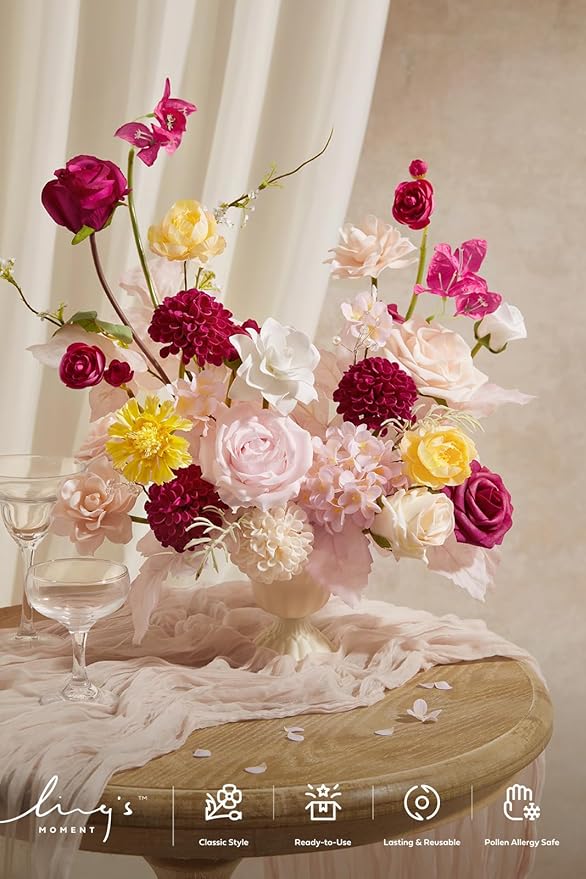 Ling's moment Fake Flowers Box, Faux Artificial Greenery Stems Foam Dahlia Gardenia Roses Silk Hydrangea Ranunculus Fabic Flower for Centerpieces Bouquet Wedding Vase, Hot Pink & Blush, Deluxe Combo