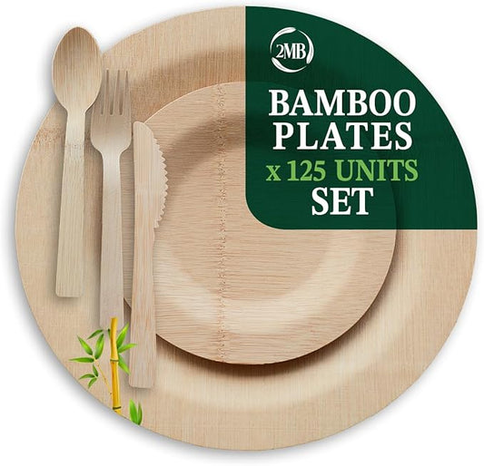 2MB Eco-Friendly Round Upscale Reusable Bamboo Disposable Plates. Set of 125 Pieces. 11-Inch and 7-Inch Dinnerware & Accessories. Compostable Dessert Plates. Perfect for Parties & Weddings.