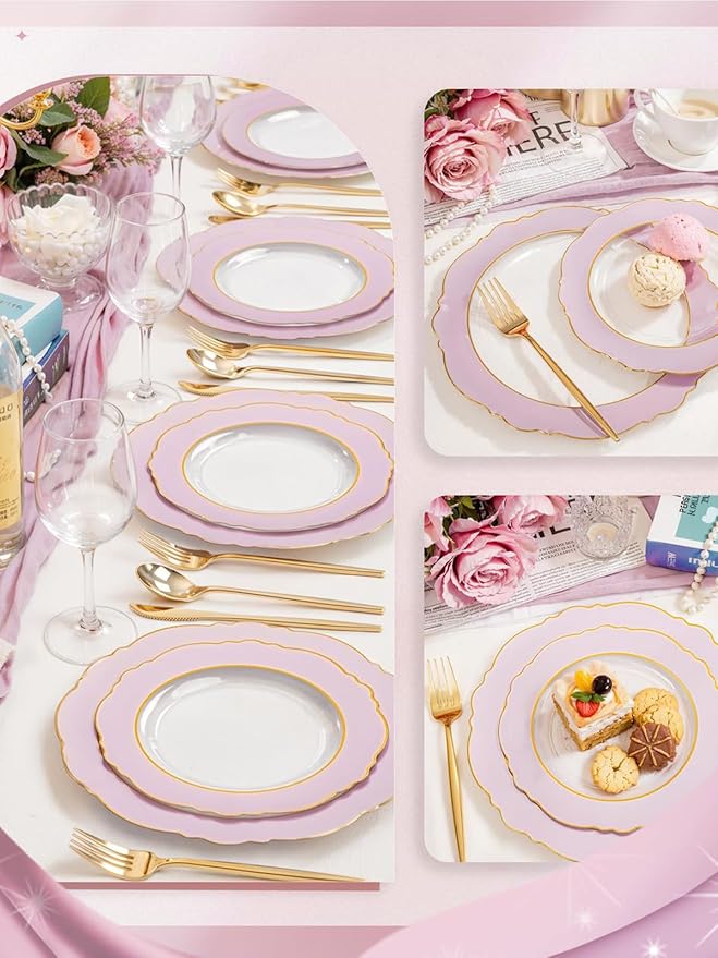 WDF 60Pcs Pink Plates Disposable with Gold Rim - Baroque Clear Pink and Gold Plastic Party Plates Ideal for Wedding/Baby Shower/Spring/Mother's Day