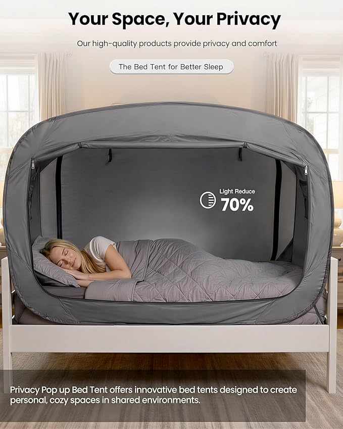ANC POP Bed Tent Full Bed Canopy Portable Dream Tent for Adult Indoor Sleeping Tents with 2 Doors Breathable Private Space Tents, Grey