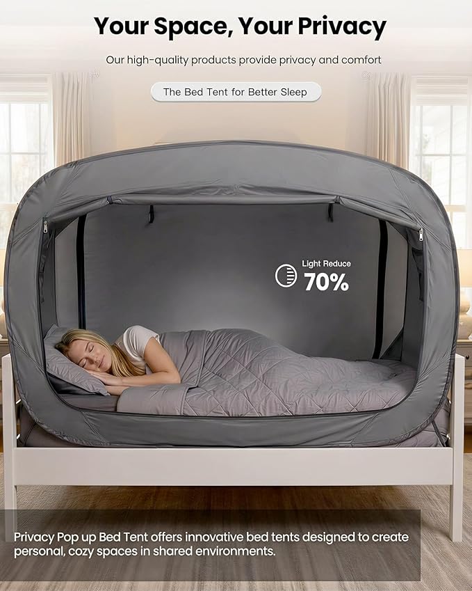 ANC POP Bed Tent Twin Bed Canopy Portable Dream Tent for Adult Indoor Sleeping Tents with 2 Doors Breathable Private Space Tents, Grey