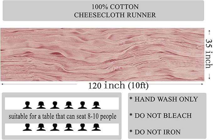 MDS Pack of 20 Cheesecloth Table Runner 35x120 Inch, 10FT Long Gauze Cheese Cloth Table Runner for Wedding Party Birthday Bridal Shower Farmhouse Garden Boho Rustic Table Decoration - Blush Pink