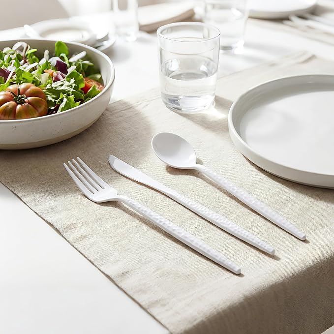 Supernal 360pc Heavy Duty White Plastic Silverware Set for Wedding Party | Durable Hammered Cutlery Flatware Utensils (120 Forks, 120 Knives, 120 Spoons) Bulk Pack for Catering Birthday