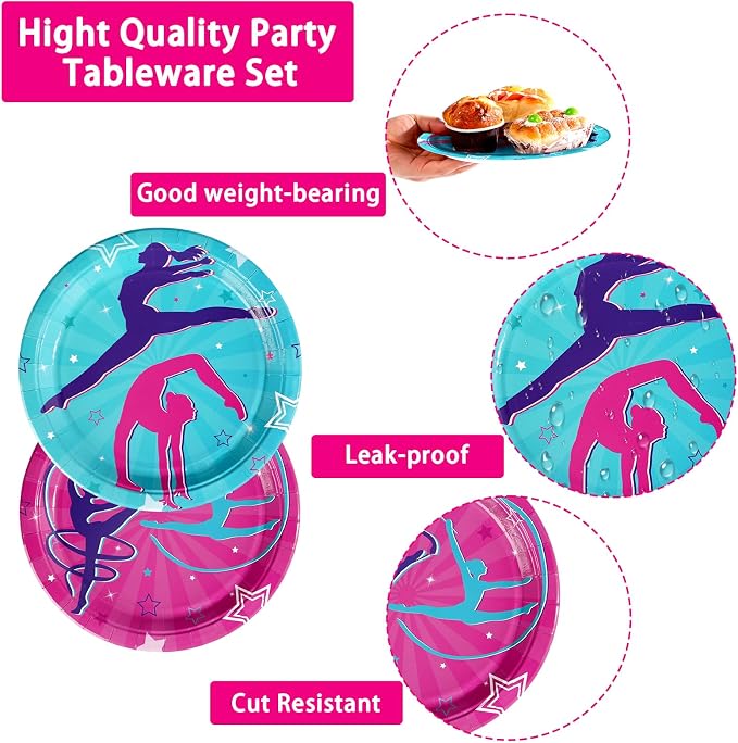 200Pcs Gymnastics Birthday Party Supplies Gymnastics Plates and Napkins Disposable Dance Gymnasts Themed Tableware Set for Little Dance Gymnasts Girls Birthday Party Decorations Serves 50