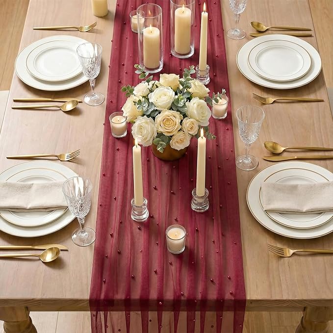Artoid Mode 6PCS Pearl Burgundy Gauze Table Runner 120 Inch 10FT, Seasonal Sheer Dining Holiday Wedding Birthday Baby Shower Table Decor for Home Party