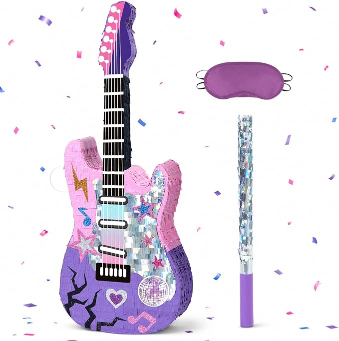WERNNSAI 28" Guitar Piñata for Kpop Birthday Decorations, Party Game | Kpop Party Favors, Girl Birthday Decorations, Music Party Favors, Piñata with Stick and Blindfold