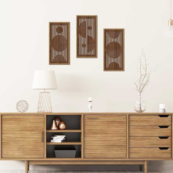 IARTTOP Boho Abstract Wooden Wall Decor Set of 3 Mid-Century Modern Geometric Line Wooden Wall Art 8"x16" Neutral Brown Cutout Wood Panels Decor for Living Room Bedroom Minimalist Home