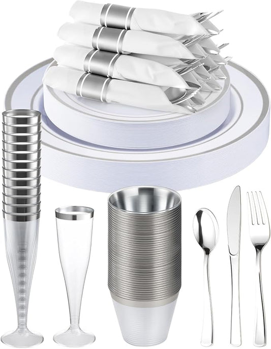 Goodluck 200 PCS Silver Disposable Plastic Dinnerware Set for 25 Guests, Include 25 Dinner Plates, 25 Dessert Plates, 25 Napkins with Silverware, 25 Cups, 25 Champagne Glasses, for Christmas, Wedding