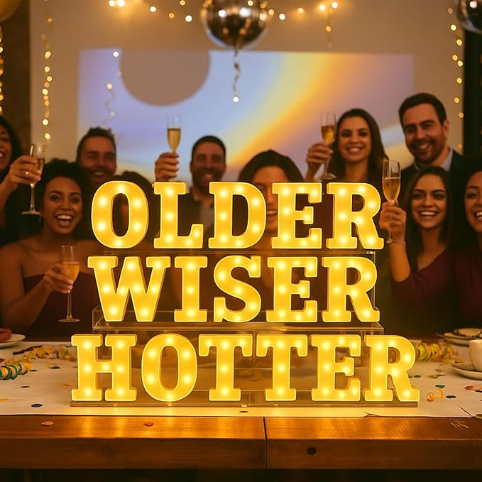 Honoson 16 Pcs Older Wiser Hotter Lights up Sign 6.5 Inch Birthday Party Decorations LED Letter Lights Sign Table Decoration for Women 30th 40th 50th 60th 70th 80th Party Birthday Supplies Decorson