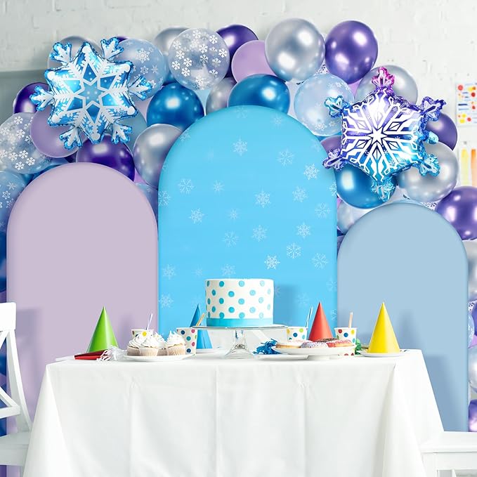Foilswirl 34 Pcs Winter Party Wonderland Decorations 4ft 5ft 6ft Snowflake Arch Backdrop Covers Wonderland Spandex Arch Backdrop Blue Purple Balloon for Winter Birthday Princess Themed Party Decor