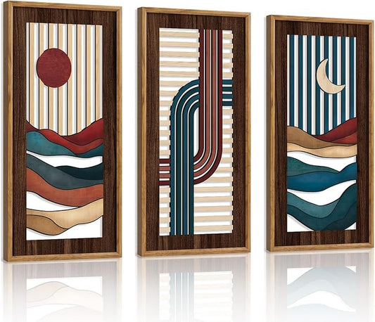 HPNIUB 3PCS Boho Abstract Wood Wall Art, Modern Geometric Artwork Bohemian Sun and Moon Wall Decor, Rustic Minimalist Line Mid-century Hanging Decor for Living Room Bedroom Apartment(8x16Inch)