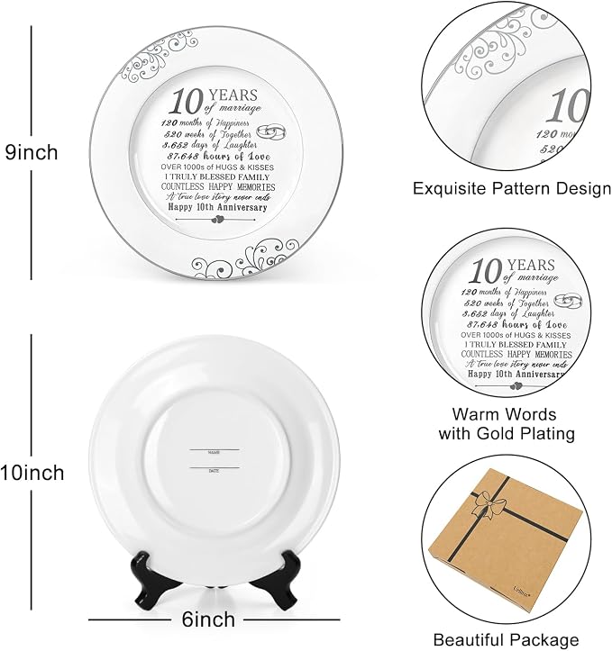 Urllinz 10th Anniversary Plate with Platinum Foil Decorations - 10 Year Wedding Tin Gifts for Her Couples Wife Him Husband, Ceramic 9"