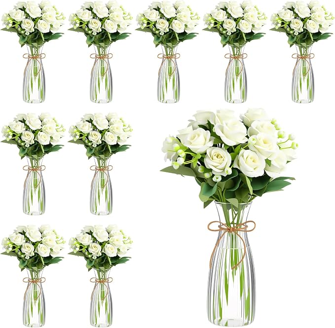 Zeyune 31 Pcs Rose Artificial Flowers with Vase Bulk for Table Centerpiece, 20 Bundles Fake Silk Roses 10 Plastic Clear Vase with 1 Pcs Rope Arrangement Decoration Wedding Home Party(White)