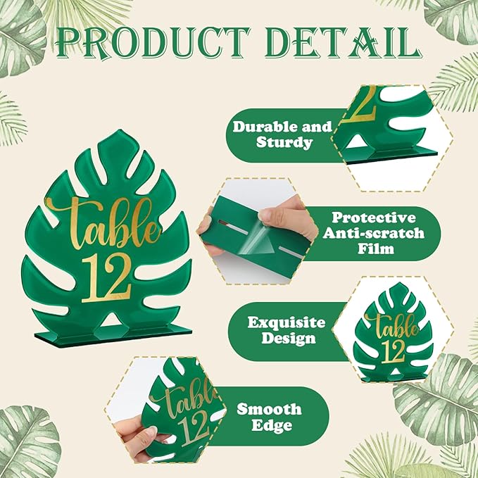 Palm Leaf Theme Wedding Acrylic Table Number 1-20 with 20Pcs Stands, 5"x7" Table Centerpiece Decor for Indoor Outdoor Tropical Safari Jungle Hawaiian Wedding Bridal Shower Anniversary