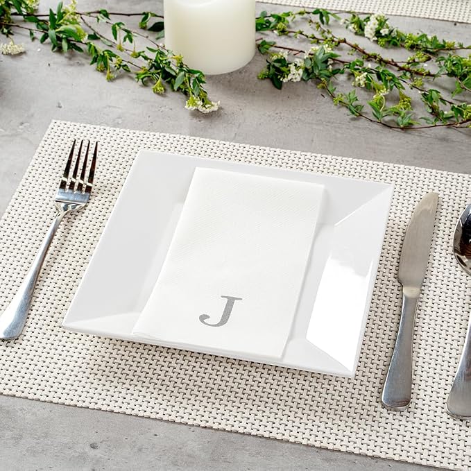 Luxenap 15.8 X 7.9 Inch Linen-Feel Guest Towels, 50 Lettered Hand Towels - Silver Letter 'J', Sans Serif Font, White Paper Dinner Napkins, airlaid, For Restrooms And Tables - Restaurantware