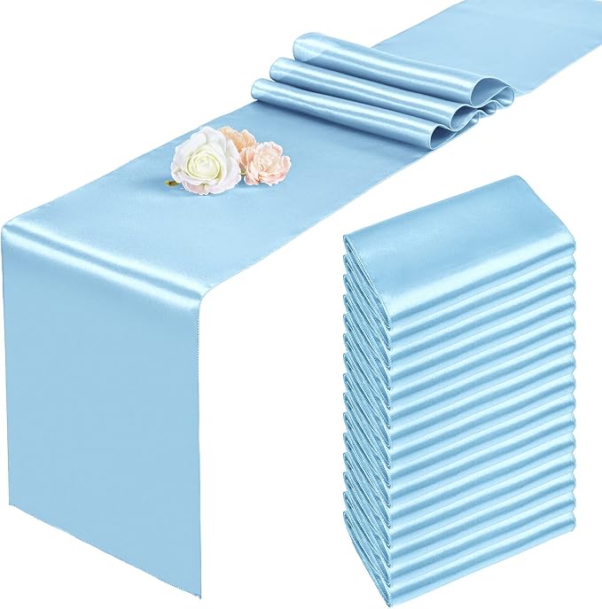 15 Pack Light Blue Satin Table Runners 12 x 108 Inch Long Blue Table Runners for Rectangle Round Tables, Smooth Satin Table Runner for Wedding,Birthday Party Banquets Engagements Decoration