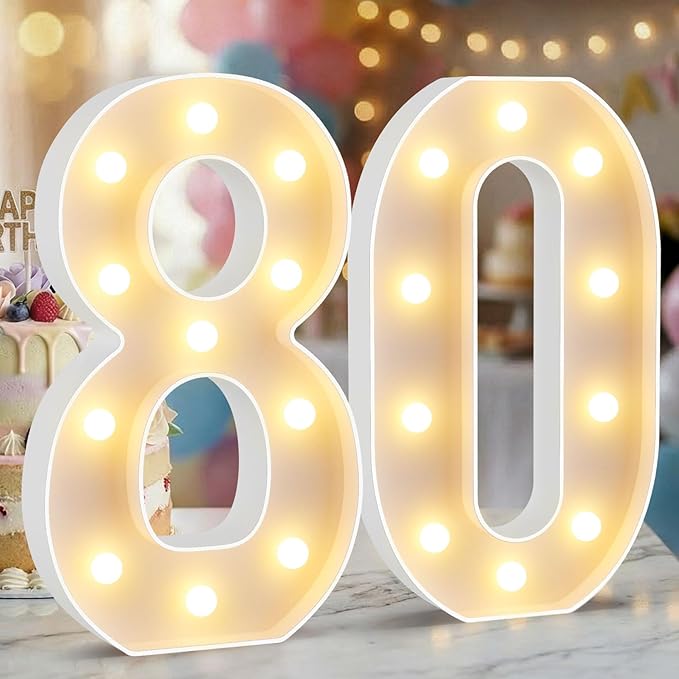 12.6 Inch LED Marquee Light Up Numbers 80, 80th Birthday Number Lights as Gifts for Women Men, Lighted Marquee Numbers for Anniversary Party Night Light Table Decorations