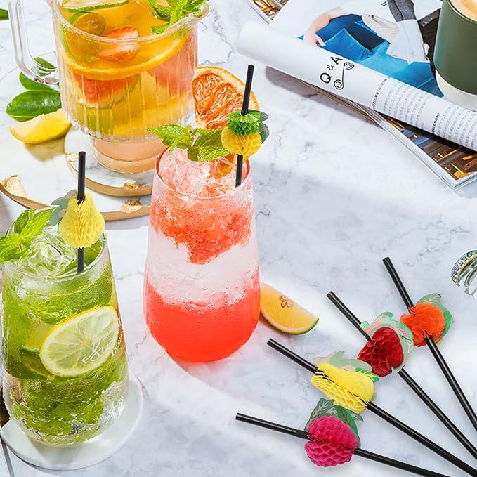 100pcs Fruit Drinking Straws, Disposable Honeycomb Plastic Straws, Tropical Hawaiian Beach Cocktail Pool Luau Party Decorations Supplies