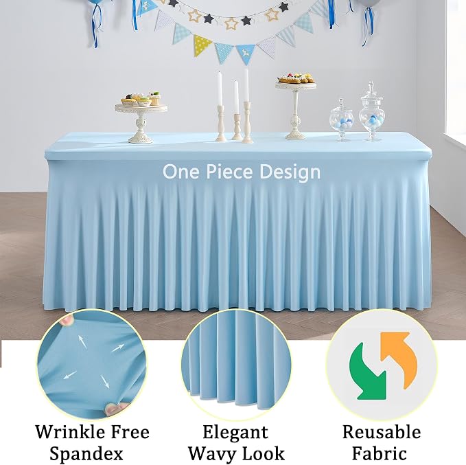 4 Pack Spandex Baby Blue Tablecloth for 8 Foot Rectangle Tables, Wrinkle Free Fitted Table Cloth 8ft Stretchy Light Blue Tablecover Desk Skirt for Birthday Party Wedding Banquet Baby Shower