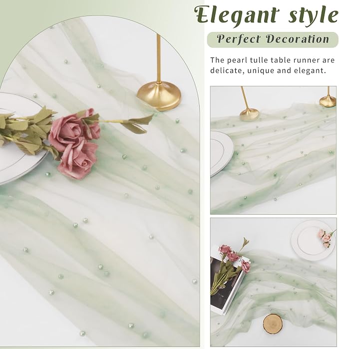 Pearl Table Runner 29 x 120 Inch Tulle Fabric Lace Table Runners for Bridal Shower Birthday Party Wedding Arch Dessert Table Decor(1 Pack, Sage Green)
