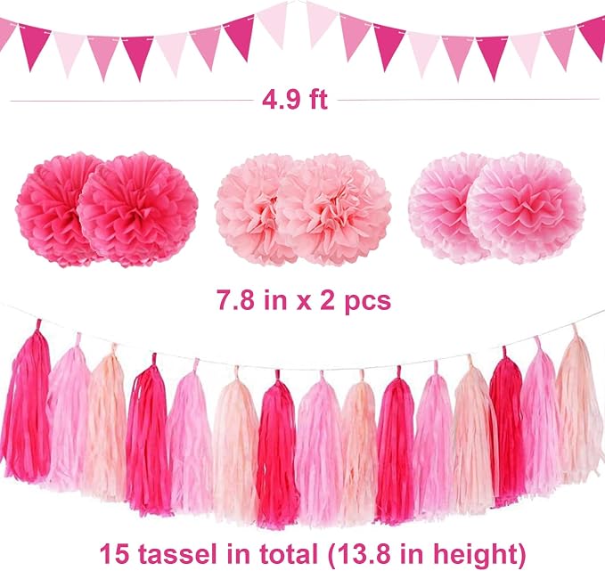 Hotpink Party Decorations Pink Girls Paper Fan Birthday Baby Shower Tissue Pom Poms Streamers Bachelorette Party Supplies Tassel Garland Banner Wedding Decor