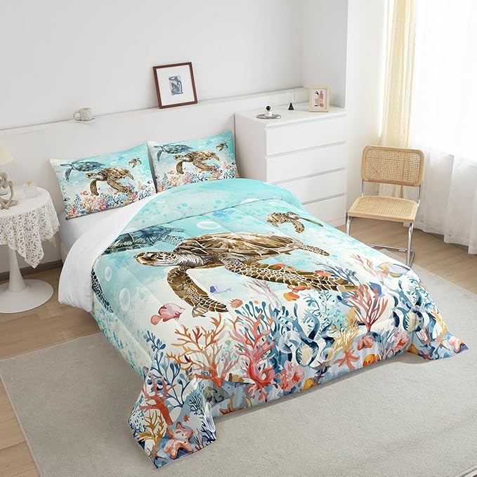 Feelyou Sea Turtle Comforter Set Queen Size Kids Reptile Tortoise Comforter for Boys Girls Teens Ocean Marine Themed Bedding Set Underwater Animal Pattern Duvet Set Summer Quilt