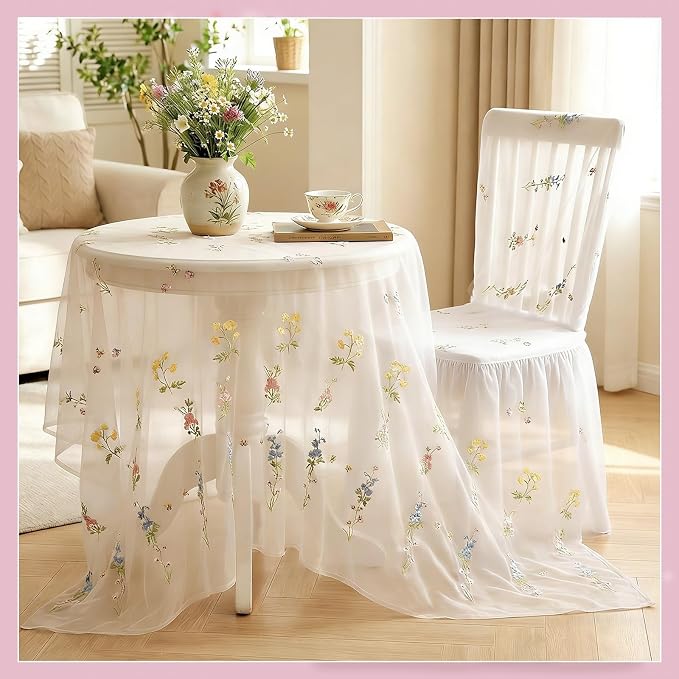 Lounsweer 3 Pcs White Wildflower Table Runner 10ft Embroidery Tulle Spring Floral Table Runner Seasonal Summer Butterfly Kitchen Dining Gauze Decoration for Wedding Baby Shower Birthday Party