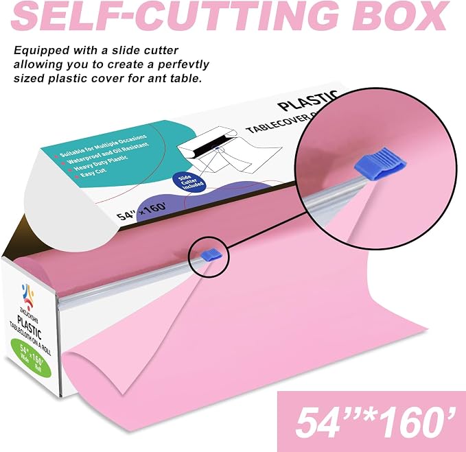 54IN X 160FT Plastic Table Cover Roll with Cutter Box, Cut to Size Plastic Table Cloths for Parties, Birthday, Disposable Tablecloth Roll for All Shape Tables (Pink, 54 Inch X 160 Feet)