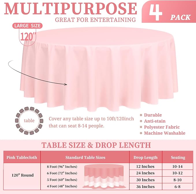 Showgeous 4 Pack Pink Round Tablecloth 120 Inch Polyester Table Cloth for Round Tables Washable Decorative Fabric Table Covers for Wedding Dining Party