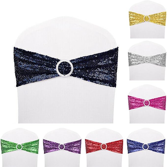 Dimatic 10 PCS Stretch Sequin Chair Sashes Chair Stretchy Spandex Bands for Wedding Reception Events Banquets Chairs Decoration (Navy)
