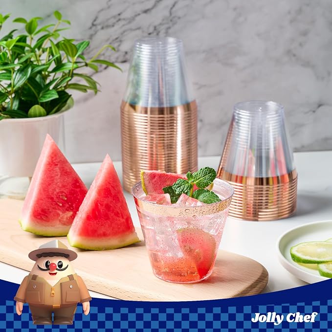 JOLLY CHEF 100 Pack Rose Gold Plastic Cups, 9 oz Clear Plastic Tumblers, Elegant Rose Gold Rimmed Cups, Disposable Glasses for Wedding, Thanksgiving Day, Christmas Party
