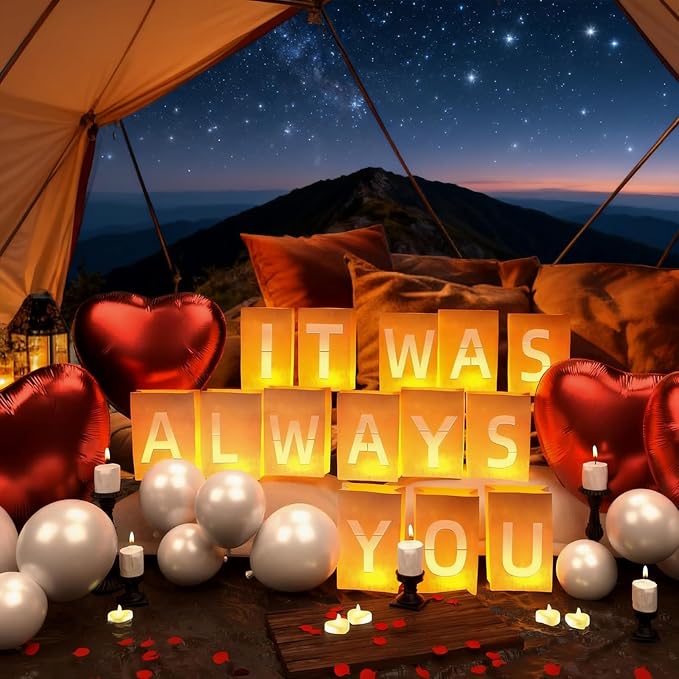 It Was Always You Decorations – Romantic Decoration Kit with Light Up Letters, 30 Tea Light Candles, 2000 Rose Petals, 10 Balloons – Luminary Bags for Anniversary Surprise